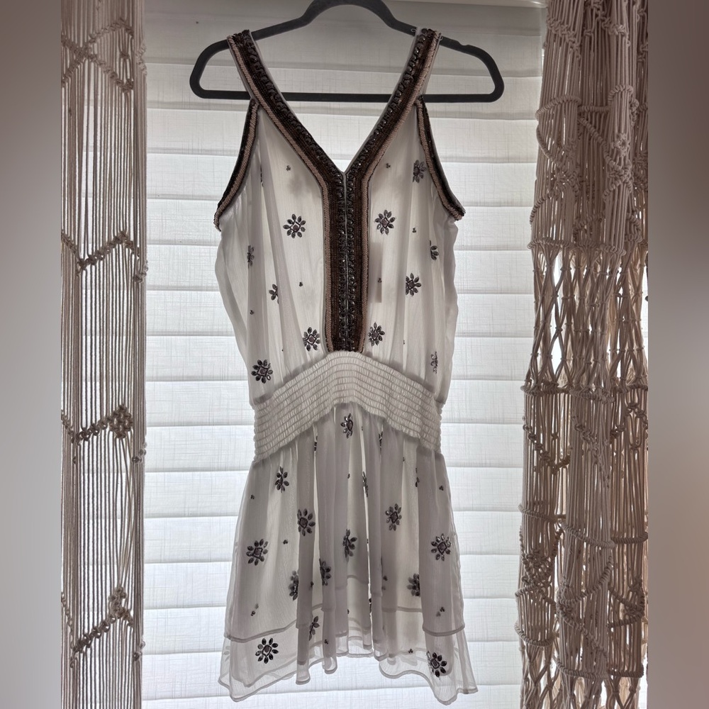 Ramy Brook Penelope Beaded Ivory Silk Dress Boho Sequin Mini NWT $465 Size S